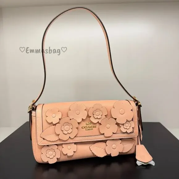 Coach Etta Small Flap Shoulder Bag With Floral Applique CDY43 Gold/Light Pink - Picture 2 of 7